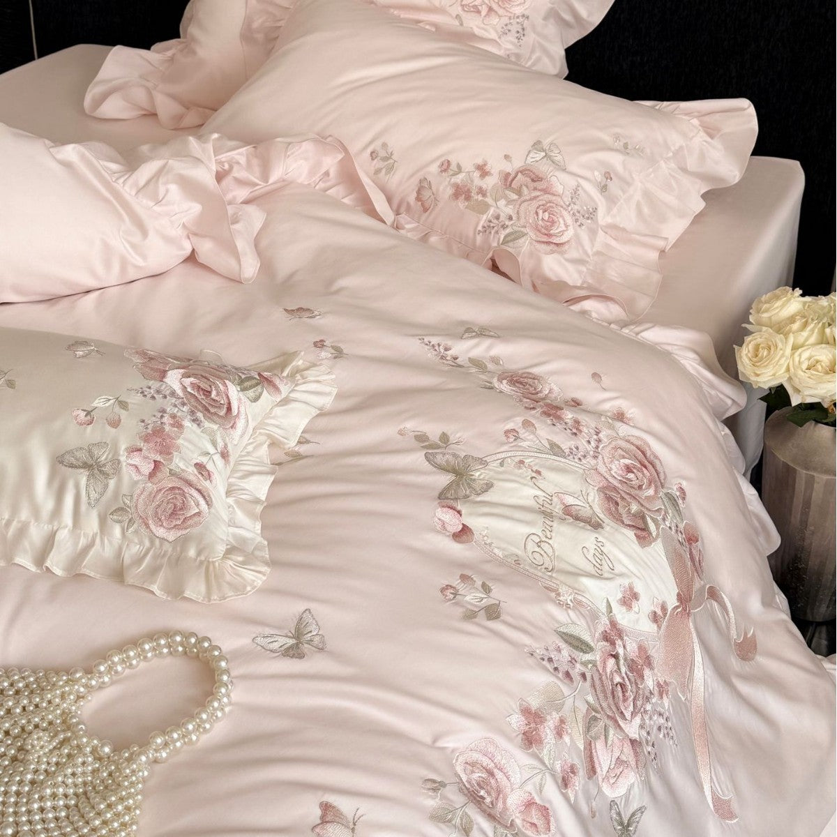 Blush Rose Embroidered Bedding Set