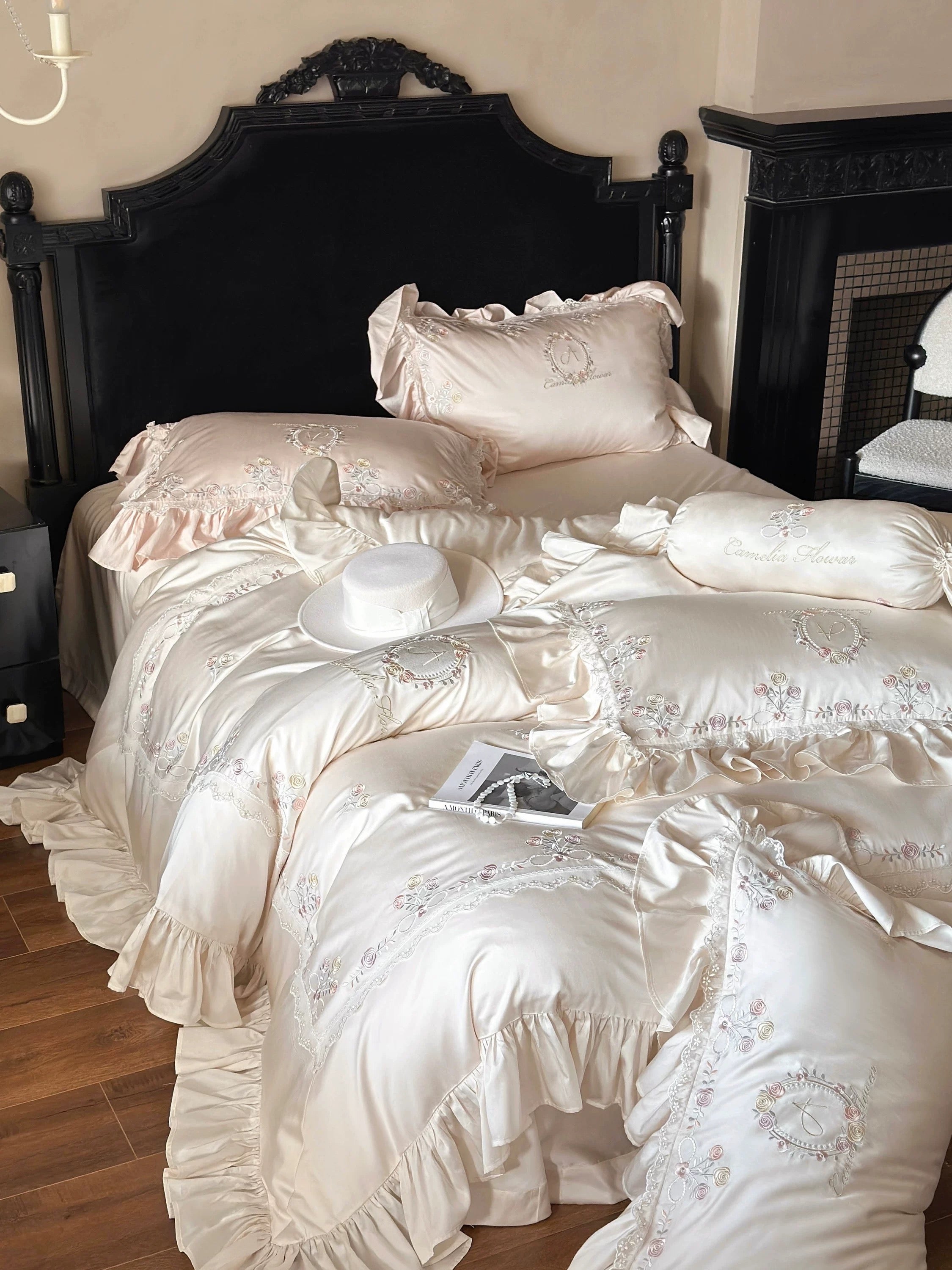 Ivory Camellia Embroidered Bedding Set