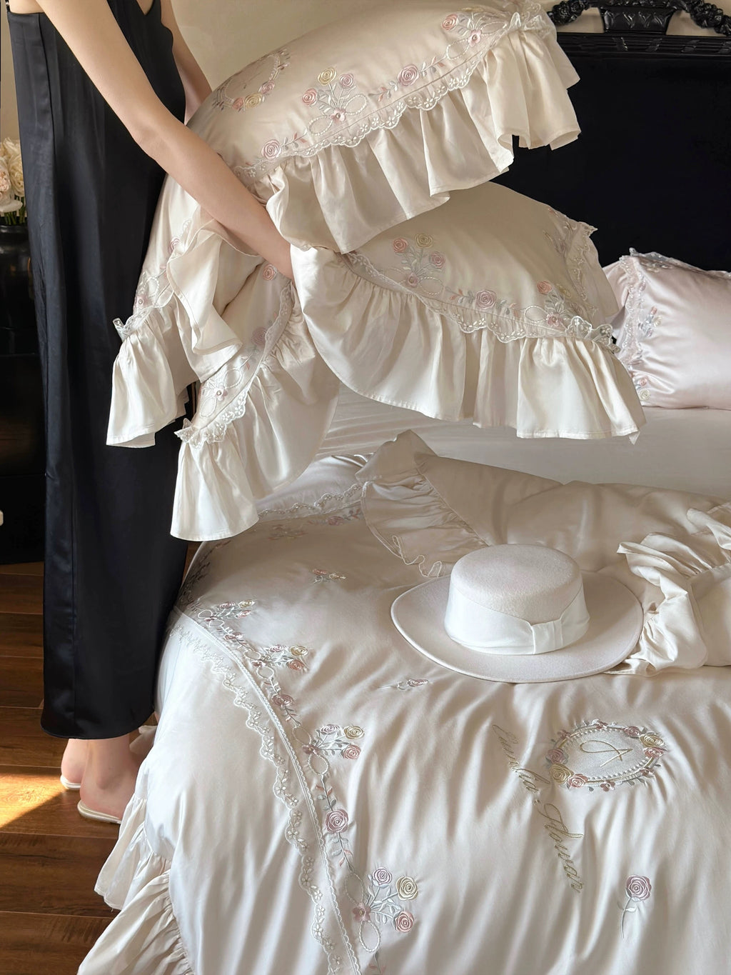 Ivory Camellia Embroidered Bedding Set