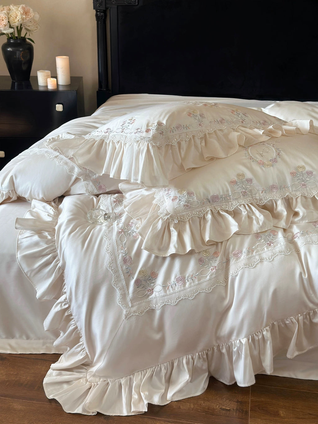 Ivory Camellia Embroidered Bedding Set