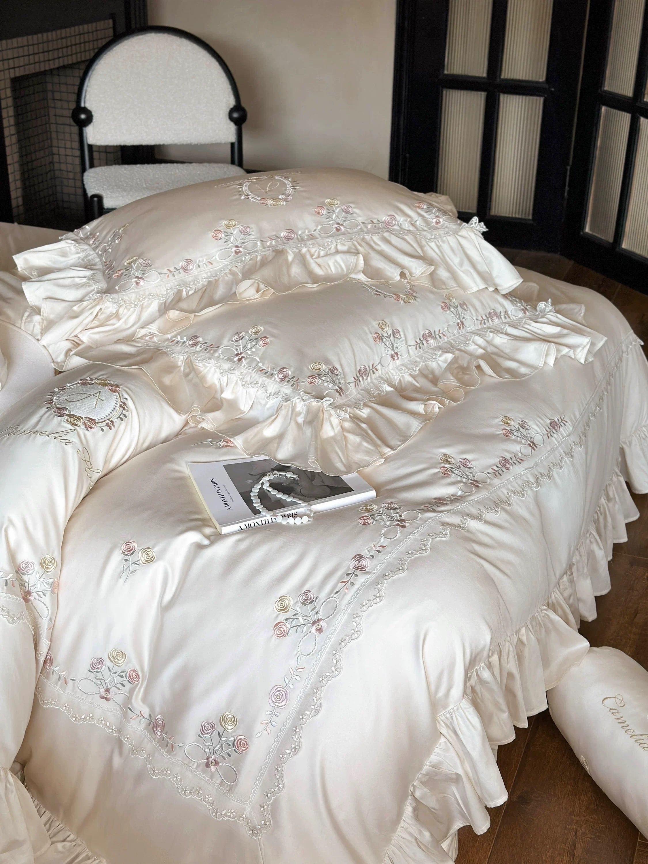 Ivory Camellia Embroidered Bedding Set