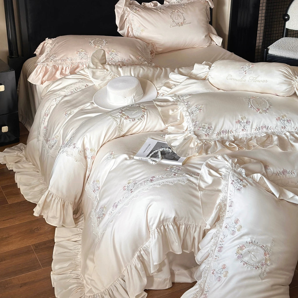 Ivory Camellia Embroidered Bedding Set