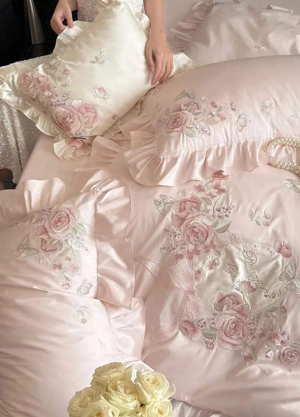 Blush Rose Embroidered Bedding Set